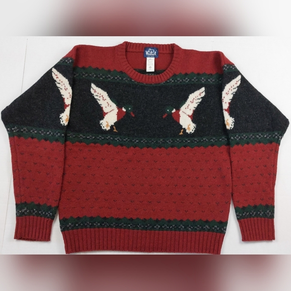 VTG Woolrich Mallard Duck Wool Sweater L Hunting Outdoor Crew Neck Pullover 80s